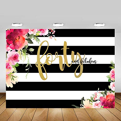 Mocsicka Forty And Fabulous Backdrop Flower Stripes 40Th Birthday Photography Background 7X5Ft Vinyl Women 40Th Birthday Party Banner Backdrops #TOP4