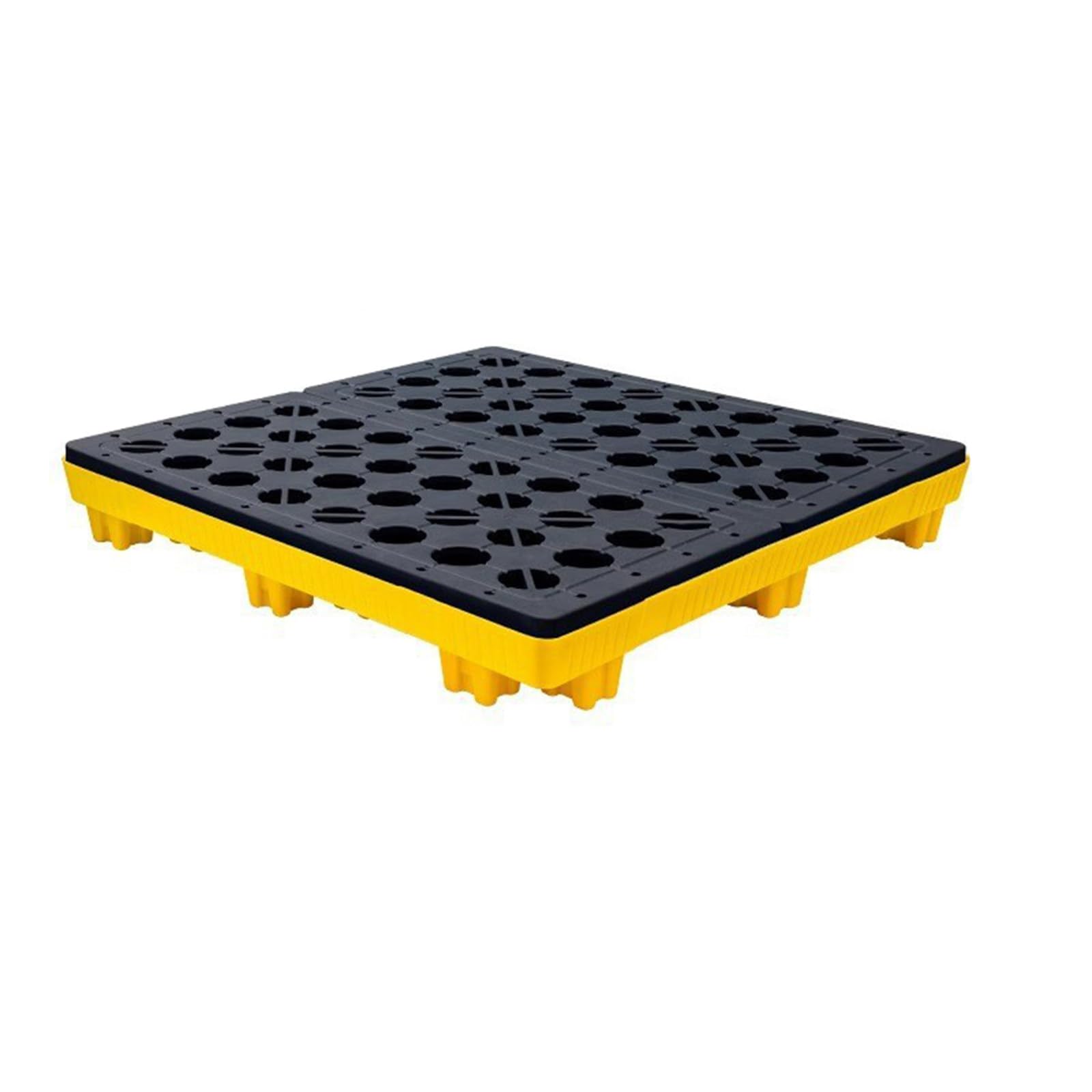 Przemysłowa paleta bębnowa wodoodporna plastikowa platforma z kieszeniami odpływowymi i dostępem do wózka widłowego idealna do zarządzania wyciekami 120 cm x 80 cm wytrzymała konstrukcja.