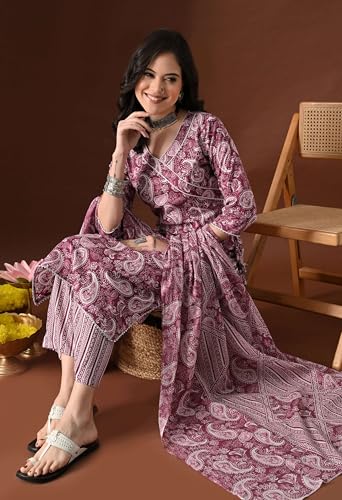 Image of Amazon Brand - Tavasya Women Cotton Anarkali Kurta Pant Dupatta Set | Printed Ethnic Suit Set | Flared Anarkali Kurta with Pant & Dupatta | Festive & Casual Wear