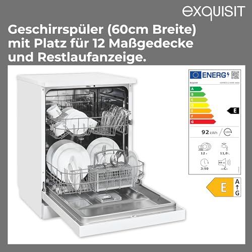 Exquisit PLUS Geschirrspüler 60 cm, 12 Maßgedecke, Unterbaufähig, Startzeitvorwahl, 11 Liter, GSP56312-030E weiss