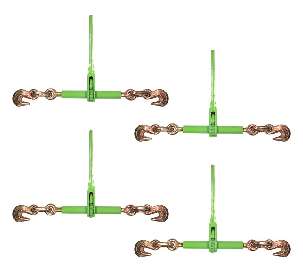 Mytee Products 4 Pack 3/8" - 1/2" Hi-Viz Green Heavy Duty Ratchet Load Chain Binder with Grab Hooks - 9,200 Lbs Working Load Limit - Flatbed Transport Truck Trailer Tie Down Hauling