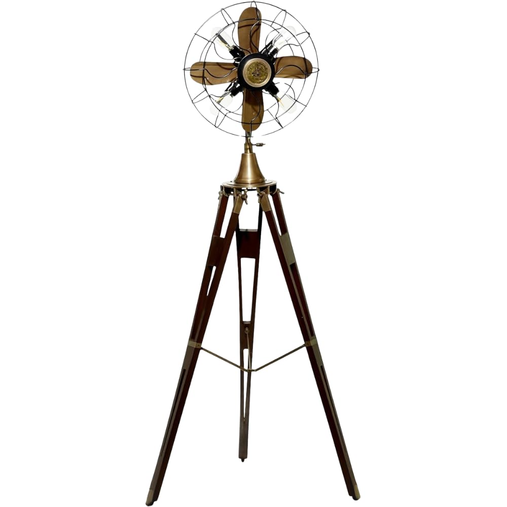 Vintage Tripod Floor Fan Lamp, Aluminum Metal Standing Light with Adjustable Height, Bronze, Industrial Style