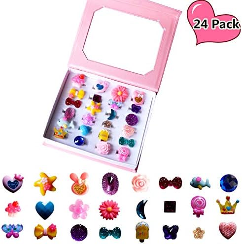 24pcs Children Kids Little Girl Adjustable Jewelry Rings in Box, Girl Pretend Play and Dress Up Rings, Little Girls Gift, Valentine's Day Gift