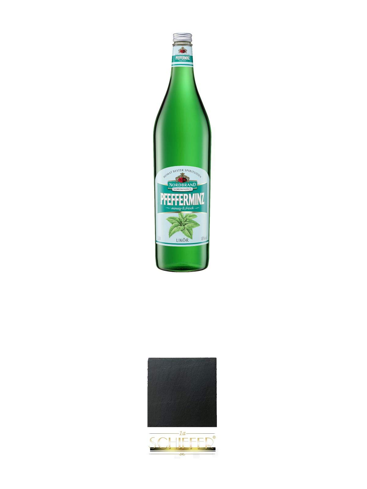 Nordbrand Pfefferminzlikör 3,0 Liter Magnum + Schiefer Glasuntersetzer eckig ca. 9,5 cm Durchmesser