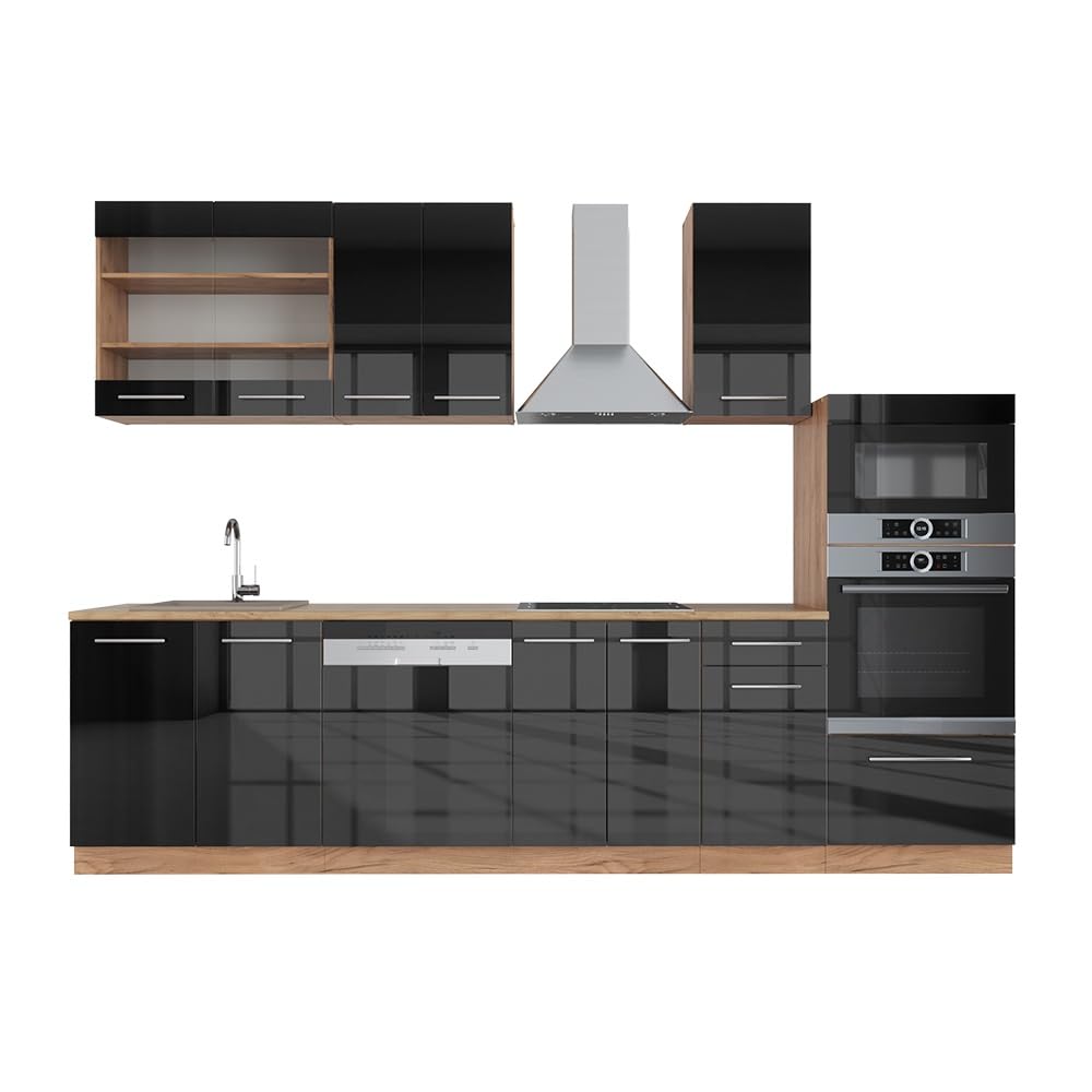 Vicco Cucina componibile Fame-Line Antracite lucido/Rovere 300 cm | con armadio alto, senza piano di lavoro, per l'espansione personalizzata tramite moduli aggiuntivi compatibili