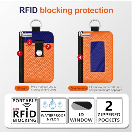 Image of Minimalist RFID Blocking Small Wallet with ID Window,WaterResistant Zip Id Case Wallet with Lanyard Keychain for Cards,Cash,Travel,Women,Men (Orange /Sapphire Blue)