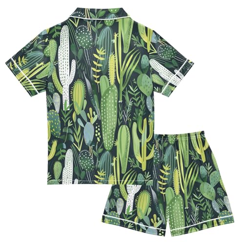 ALAZA Green Cactus Leaf Colored Pajamas Satin Pajama Set Short Sleeve Button Down Sleepwear2