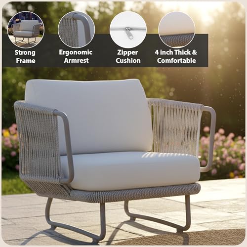 Image of Amazon Brand - Solimo Harbor Outdoor Rope Sofa Set | Balcony Sofa | Patio Conversation Sets | Braided Rope Garden Sofa Set and Table (5 Seater- Grey+Off White)