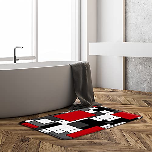 Ysatnsft Abstract Geometric Bath Mat Black Red Gray And White Geometry Squares 3D Contemporary Fashion Simple Home Bathroom Shower Mat Kitchen Rug Microfiber Memory Foam 18X30 Inches #TOP1