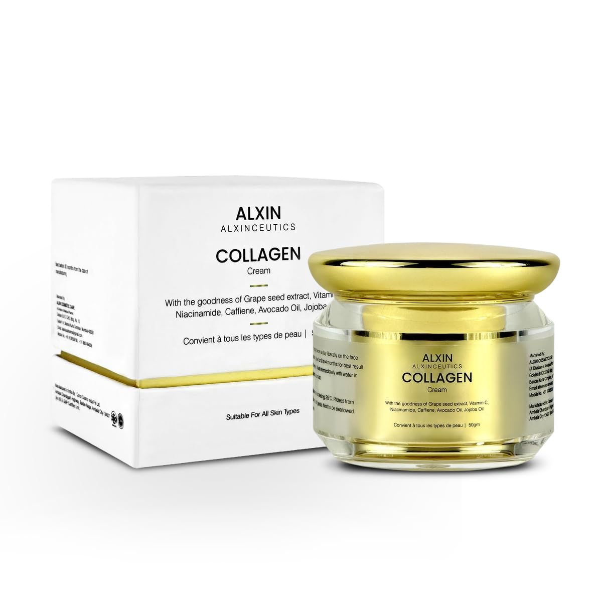 Alxin Collagen Cream, With Grape Seed Extract, Vitamin C, Niacinamide, Caffeine, Avocado Oil, Jojoba Oil, Suitable For All Skin Types for Women & Men, 50gm.