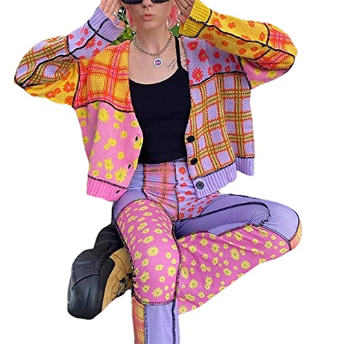 Womens Flower Cropped Cardigan Sweater Long Sleeve Preppy Style 90S Cherry V Neck Knit Button Down Sweaters Tops Shirts (Pink, S) #TOP3