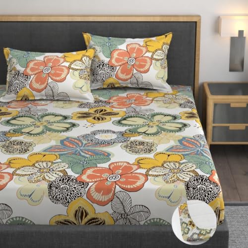 Image of Vaini Premium Heavy Cotton Elastic Fitted Bedsheets with 2 King Size Pillow Covers || Double Bed with All Around Elastic 350 (Cream Big Flower, 72x72 Inch King Fitted)
