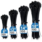 400 Pack Black Zip Ties Assorted Sizes 8+12+14+18 Inch, Heavy Duty 100lbs Self-Locking Electrical Cable Ties, UV Resistant Wire Ties for Indoor and Outdoor Use