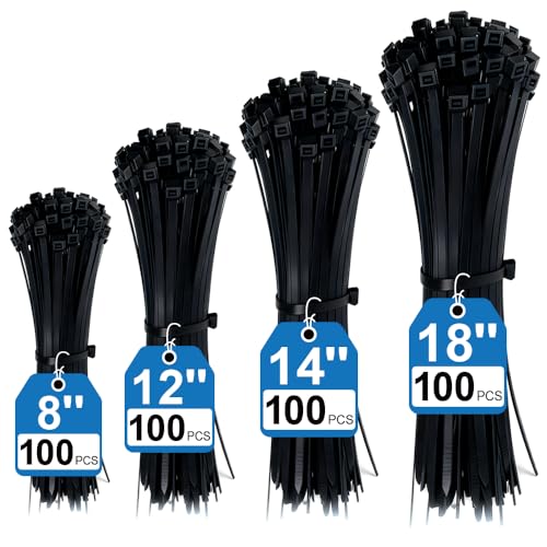 400 Pack Black Zip Ties Assorted Sizes 8+12+14+18 Inch Heavy Duty 100lbs Self-Locking Electrical Cable Ties UV Resistant Wire Ties for Indoor and Outdoor Use