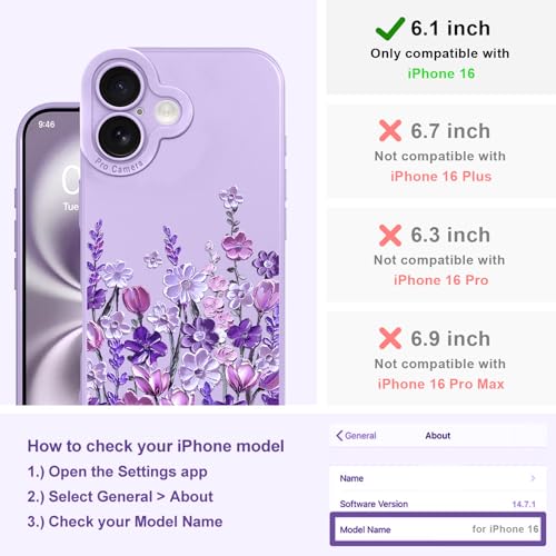 Image of Designed for iPhone 16 Case Floral for Women Girls, Purple | Cute Oil Painting Flower Pattern Liquid Silicone Phone Case [Full Camera Protection] Slim Soft TPU Protective Cover