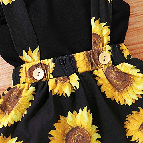 Younger Tree Infant Toddler Baby Girl Summer Outfit Sunflower Strap Sets Sleeveless Romper And Suspender Skirt 3Pcs Summer Clothing Sets (Black, 18-24 Months) #TOP4