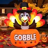 GOOSH 4FT Thanksgiving Inflatables Turkey Outdoor Decorations with Built-in LED Lights,Blow Up Turkey with Pumpkin for Lawn Yard Garden Party House Holiday Decor