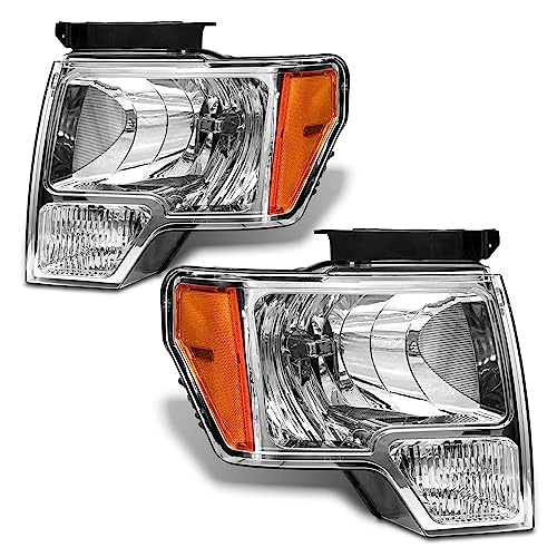 AXLAHA Headlight Assembly Compatible with 2009-2014 Ford F150 OE Style Pickup Chrome Housing Amber Reflector Headlamp Driver and Passenger Side (ONLY for halogen models)