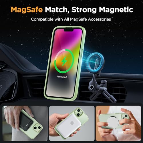 Image of Miracase Magnetic for iPhone 14 Case 6.1 inch (Compatible with MagSafe)(with 2X Screen Protectors) Military-Grade Protection, Anti-Fingerprint Translucent Matte Phone Case Cover, Light Green