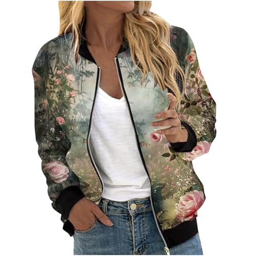 Zip Up Fall Jacket Women Stars Pattern Full Zip Up Bomber Jacket Lightweight Casual Windbreaker Fall Outwear Trendy