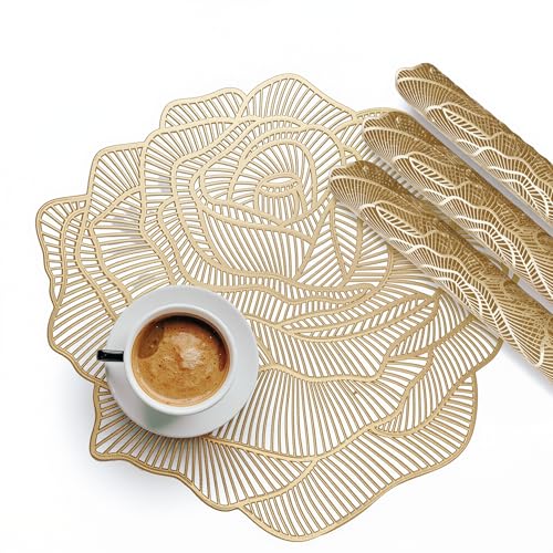 Image of Kuber Industries 4 Pcs Set Leather Side Table Mats | Reusable & Washable Placemat /Dining Table Mat for Wedding and Family Functions | Rose Design - Copper