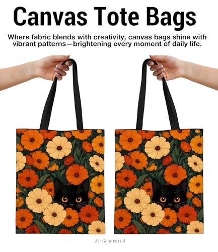 Image of Cute Cat Canvas Tote Bag for Women, Aesthetic Reusable Shoulder Bag for Shopping Travel Work
