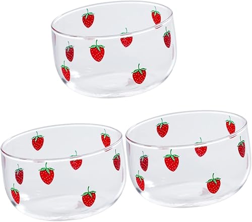 Luxshiny Plato de brosilicato de 3 piezas de cereales encantadores postres de fresas para el hogar, postres de fresa, cristal de cocina, bocadillo