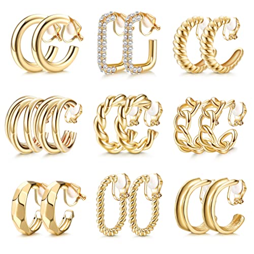 FASACCO Gold Clip on Earrings Retro Gold Chunky Hoop Clip Earrings Twist Triple CZ Clip on Hoop Earrings for Women Non-Pierced Fake Earrings, 9Pairs