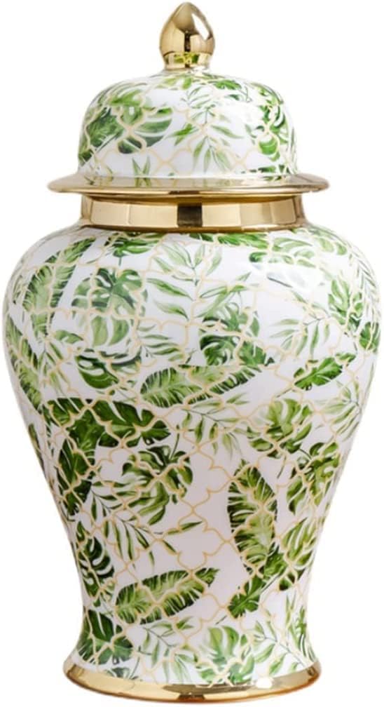 Vase Tabletop Ceramic Ginger Jar with Lid Green Leaf Pattern Traditional Decorative Porcelain Jars Temple Jar with Lids(Medium)
