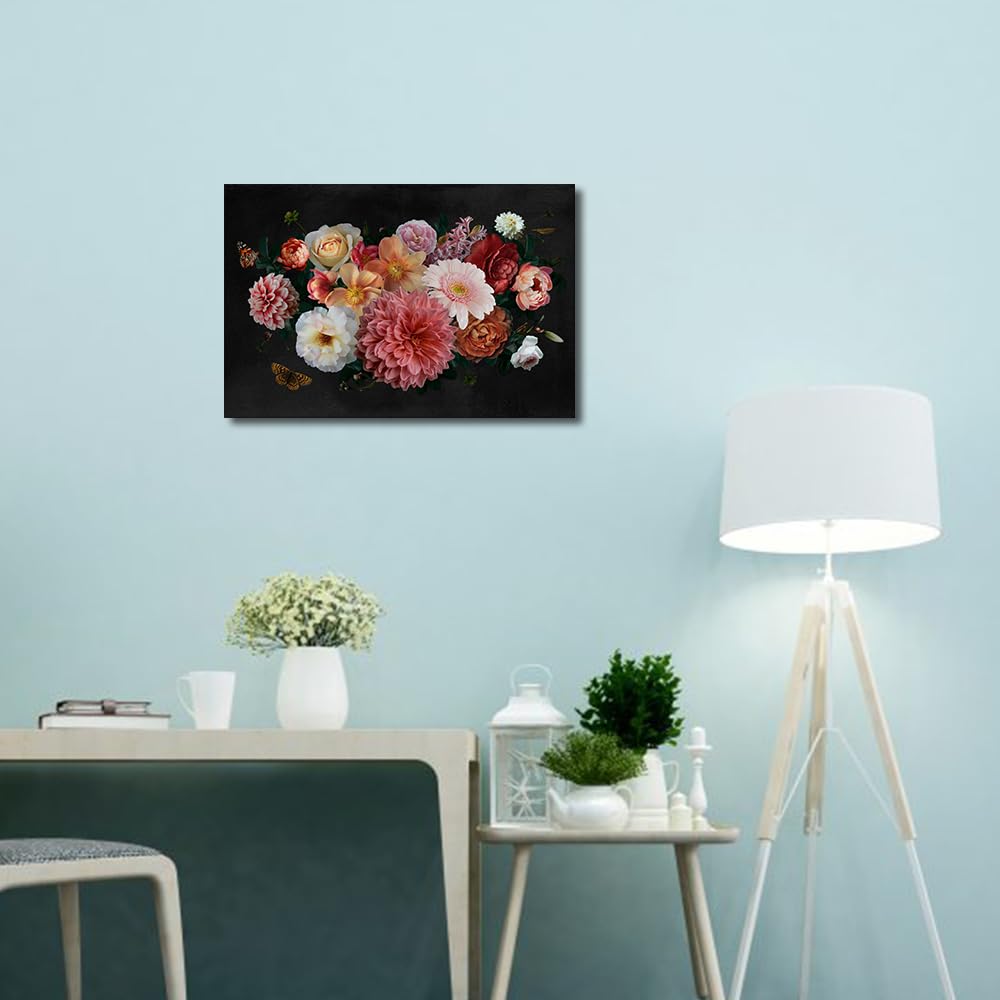 TISHIRON Canvas Wall Art Luxurious Luxurious Baroque Painting Garden Flowers Pink and White Peonies Artwork Print for Bedroom Kitchen Living Room Home Decor Framed Ready to Hang (30 x 45cm) - Image 4