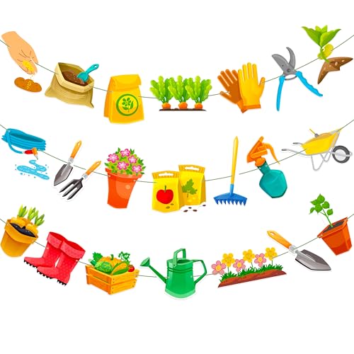 3Pcs Gardening Tool Banners Garden Birthday Party Decorations Garden Tool Theme Banner Garlands Hanging Decorations for Spring Theme Birthday Party Baby Shower Supplies