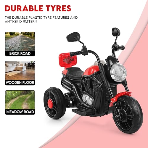 Image of BabyGo Electric Bike for Kids | 6V 4AH Battery, Dual Suspension with LED Lights & Comfy Backrest | 3 Wheel Bike | Battery Bike for Kids for 1-5 Years Kid | 4.5Hr-6Hr Ride | (Red)