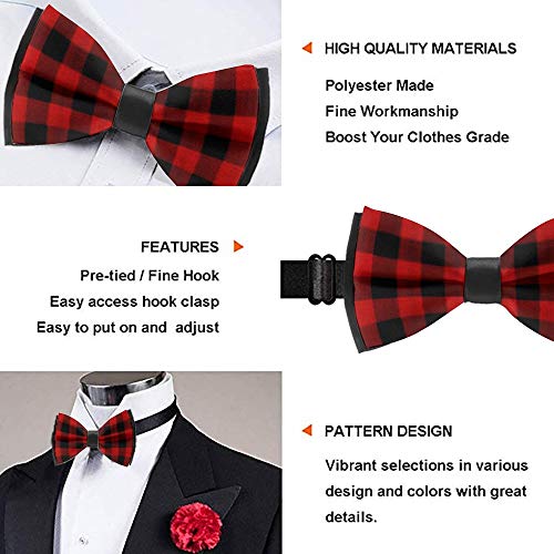 Men's Classic Pre-Tied Red Black Buffalo Check Plaid Pattern Bow Ties, Formal Tuxedo Adjustable Length Bowtie For Wedding Business Christmas Party #TOP4