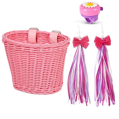 Kids Bike Basket,Children's Bicycle Basket,Handwoven Cycle Basket,Bike Handle Bowknot Streamers and Bell,Bike Decoration Accessories Kit for Girls Boy,Easy Install Detachable (Pink)