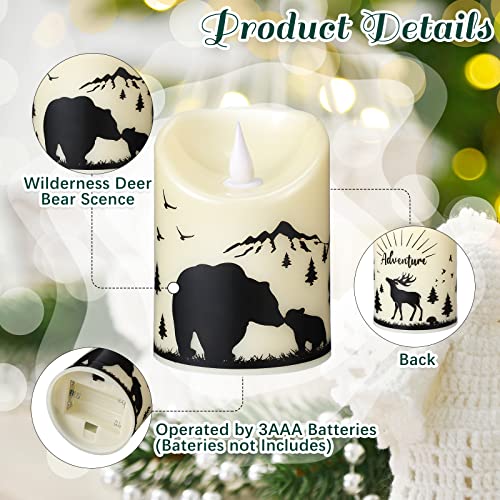 Image of Treela 2 Pieces Christmas Flameless LED Candles with 8h Timer, Battery Operated Plastic Pillar Rustic Candles Warm Light with Decals for Adventure Table Home Decor, D3 x H6 (Woodland Mountain)