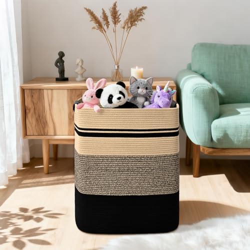 Image of Laundry Hamper, 105L Tall Laundry Basket with Leather Handles, Rectangle Large Clothes Hamper for Organizing, Cotton Woven Laundry Baskets Storage Hampers for Bedroom, Nursery, Living Room