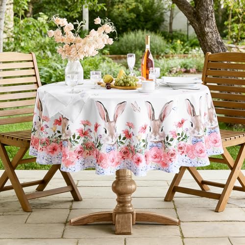 FIBORIA Tischdecken rund Ostern 160 cm Abwaschbare Hase Mit Rosa Blumenmotiv Tischdecken Weiß Outdoor Wasserabweisend Modern Runde Tischtuch Für Gartentisch Frühling Garten Geburtstag Küche Party
