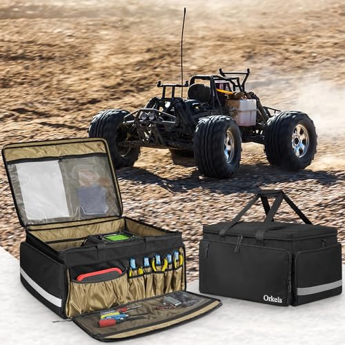 ORKELS RC Storage Bag for 1/8, 1/10 Cars, Protective Carry Case with Bottom Clapboard Compatible with Traxxas Car, Multi-Pockets for Tools & Accessories