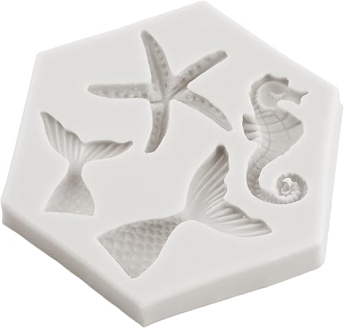 Vista 22 de Molde de fondant con temática marina, moldes de silicona de coral, conchas de tiburón oceánico, estrella de mar, pulpo, tortuga, caramelo