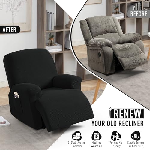 Image of TAOCOCO Recliner Cover 4-Pieces, Stretch Sofa Slipcover, 1 Seater Couch Protector, Soft Furniture Protector With Elastic, Chair Covers Jacquard Pattern (Black)