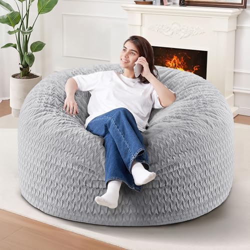 Image of 3FT Bean Bag Chair,Giant Bean Bag Chairs for Adults,Big Bean Bags with Memory Foam Filled, Large Beanbag Chairs with Chevron Plush Cover-Light Grey