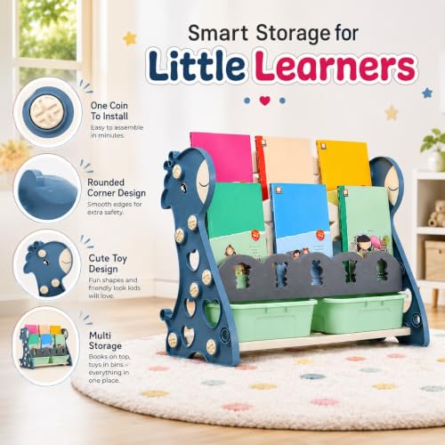 Image of Hukimoyo Book Shelf Cabinet for Kids with Toy Organizers Storage Box for Home Front Facing Display Storage Bookshelf Rack for Kid, 3‑Tier Book Shelves for Kids with Storage Bin