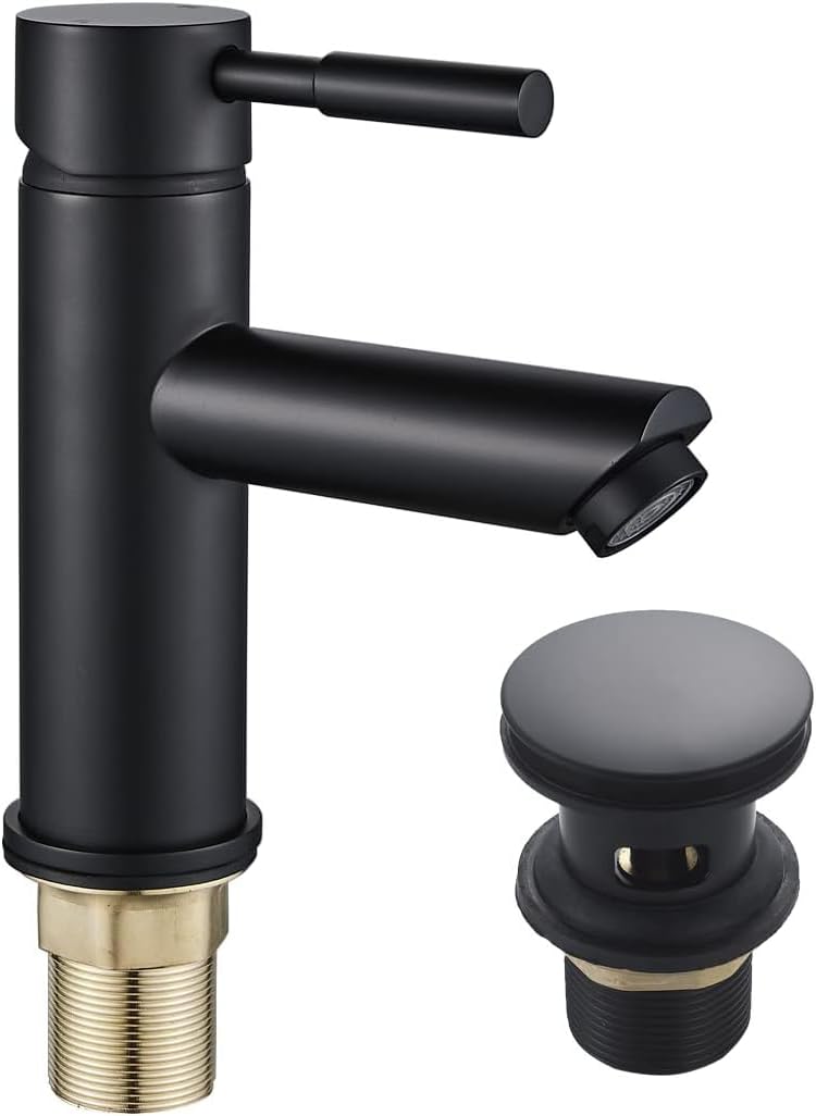 Black Basin Sink Mixer Tap,Basin Mixer Tap Bathroom Sink Mono Cloakroom Waterfall Single Lever Tap Fixings with a Push-to-Release Drain Plug