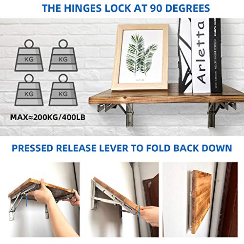 Folding Shelf Brackets 16 Inch, Heavy Duty Stainless Steel Collapsible Hinges Wall Mounted Angle L Bracket For Floating Shleves Diy Foldable Work Bench Table Desk - 6 Pack #TOP3