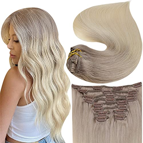 Fshine Balayage Clip in Hair Extensions Real Remy Human Hair Blonde 18Inch 100Gram Remy Hair Extensions Clip in Human Hair Natural Brazilian Double Weft Clip Hair Piece Ash Blonde to Platinum 10Pcs