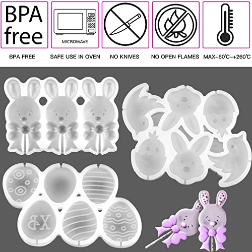 303Pcs Easter Lollipop Molds Silicone, Easter Egg Mould Cute Bunny Mold Chocolate Hard Candy Sucker Mold Cake Pop Cookie Making Supplies With Lollipop Sticks Candy Treat Bags Twist Ties (Egg+Bunny) #TOP6