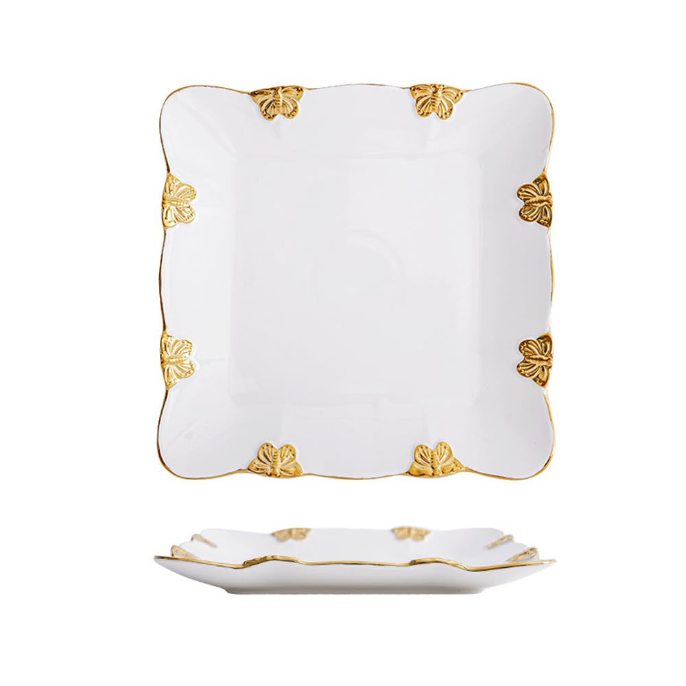 Gold-rimmed Steak Plate Ceramic Western Breakfast Tableware Home Dining Dessert (Square plate,10-inch)