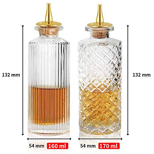 Bitters Bottle 5pcs Glass Dash Bottle Set for Cocktail Vermouth Sprayer Atomizer Gold Plated Zinc Alloy Dasher Top (5pcs)
