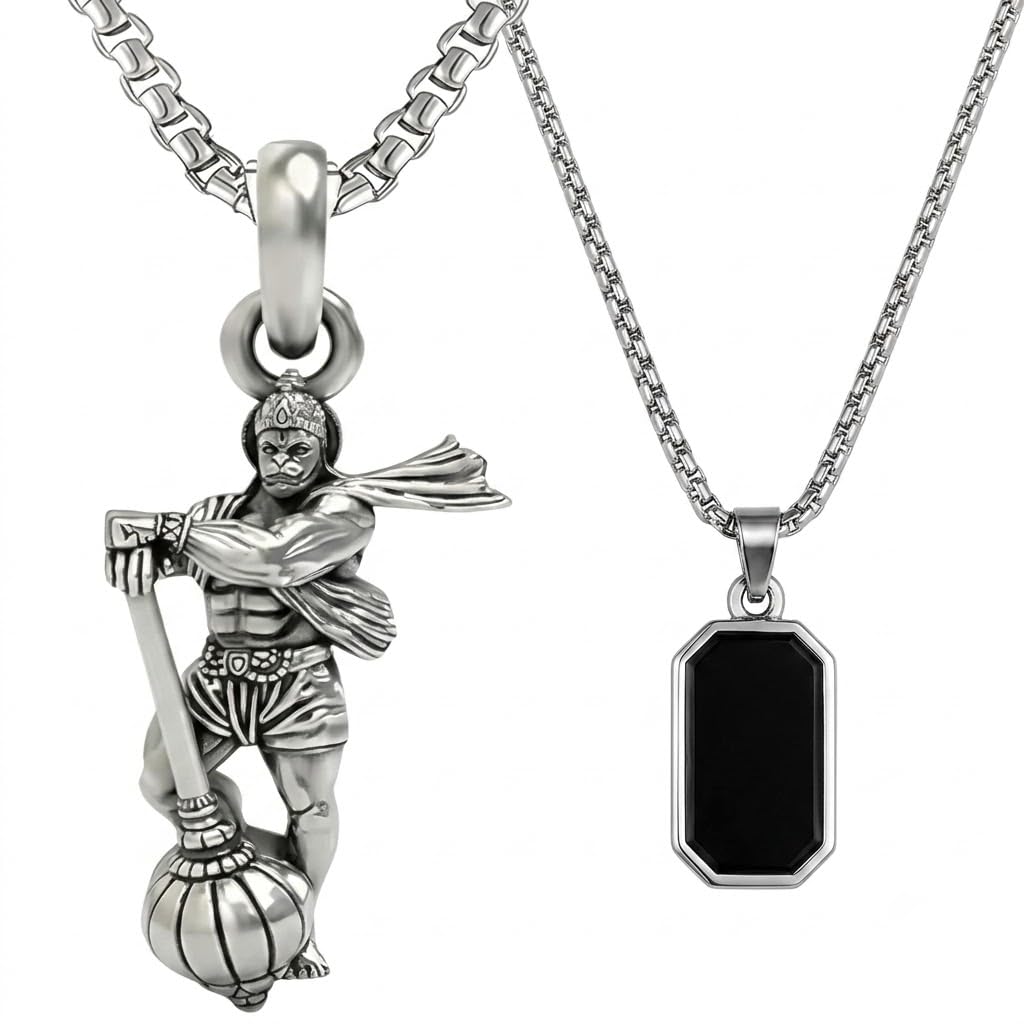 Hanuman Gada Pendant Necklace for Men Stainless Steel Bajrangbali Locket with Rectangle Black Stone Chain Stylish Spiritual Jewellery for Boys Daily Wear Gift-image-47