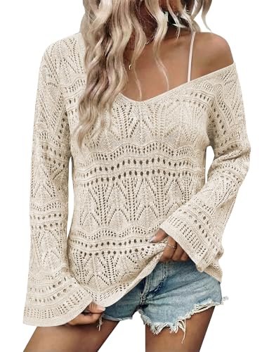 Image of Cakulo Womens Summer Crochet Tops Boho Off Shoulder Sweaters Lightweight V Neck Loose Vacation Resort Wear 2026